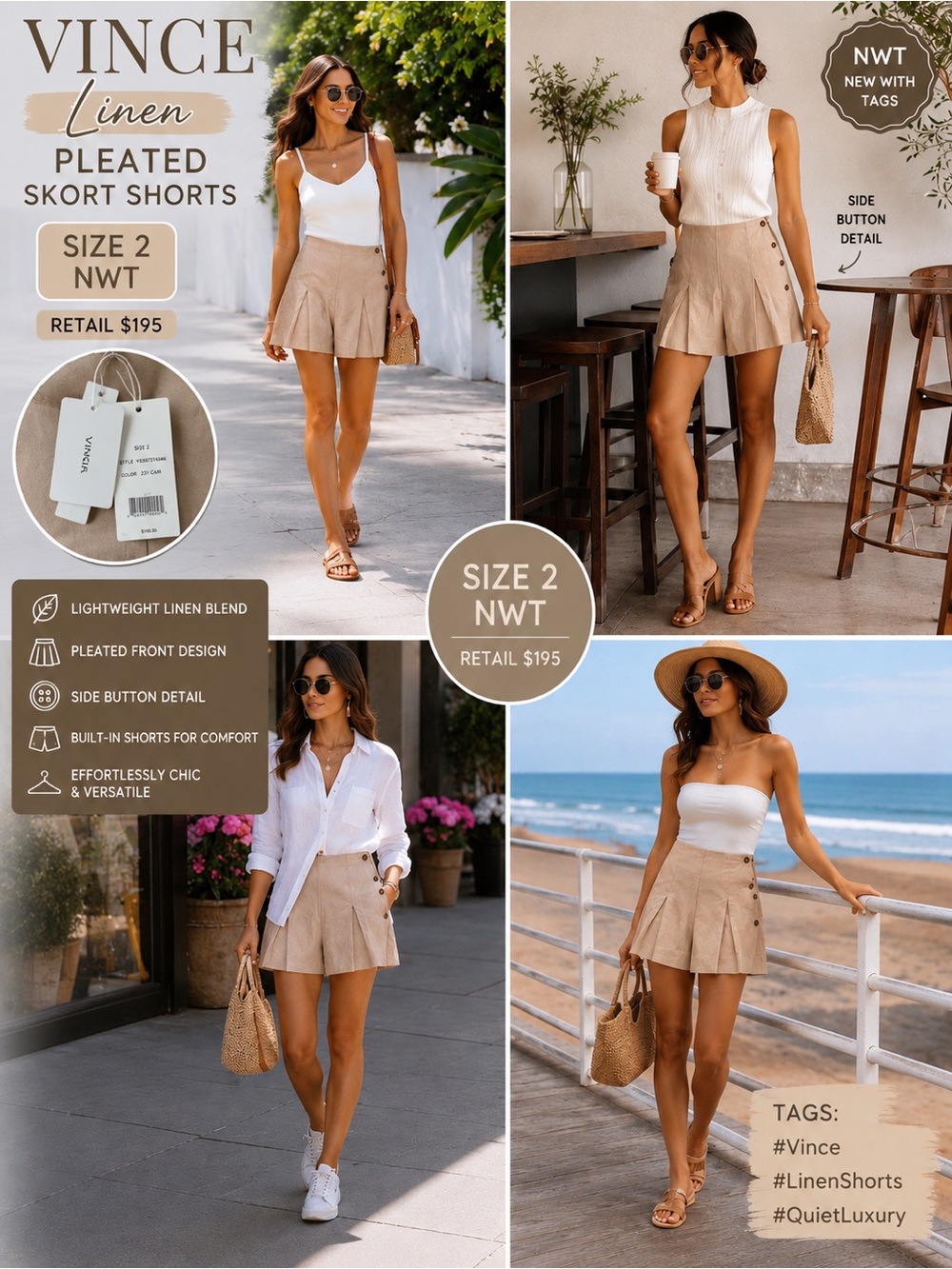 Vince Beige Linen Blend Skort Size 2 High Rise Side Packets Coastal Chic NWT